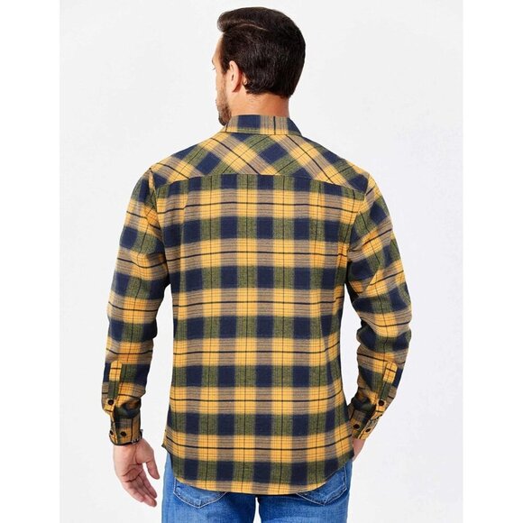 Navy Yellow Men Flannel  Long Sleeve Plaid  Button Up Shirt Jacket - Picture 4 of 4